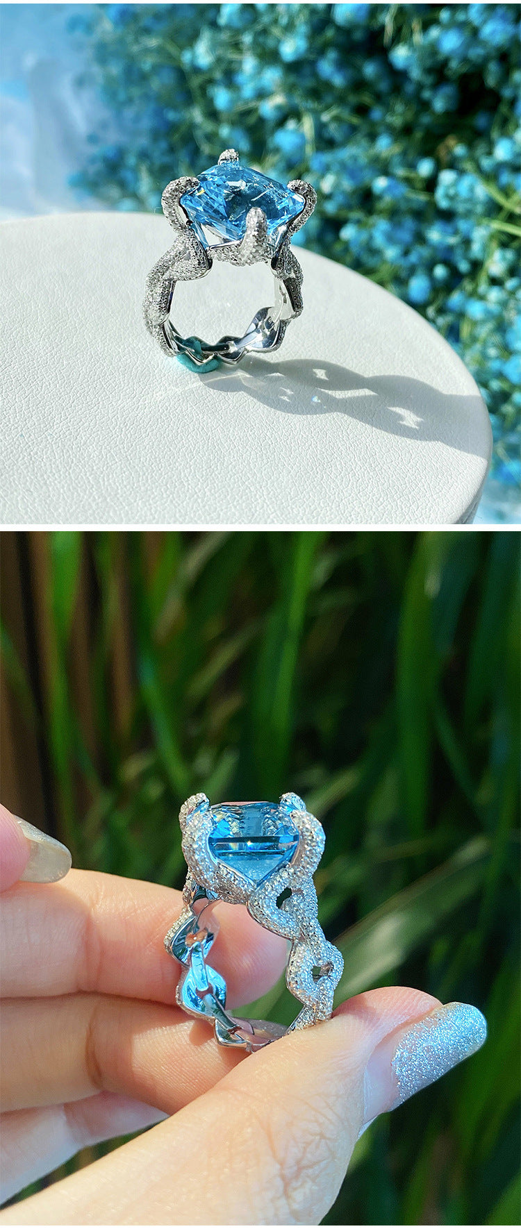 Luxurious Adjustable Blue Crystal Ring