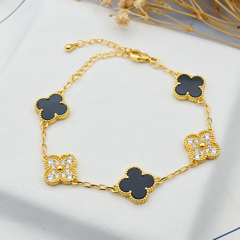 Designs & You Stainless Steel Gold-Plated Multicolor AD studded Clover Link Bracelet For Women