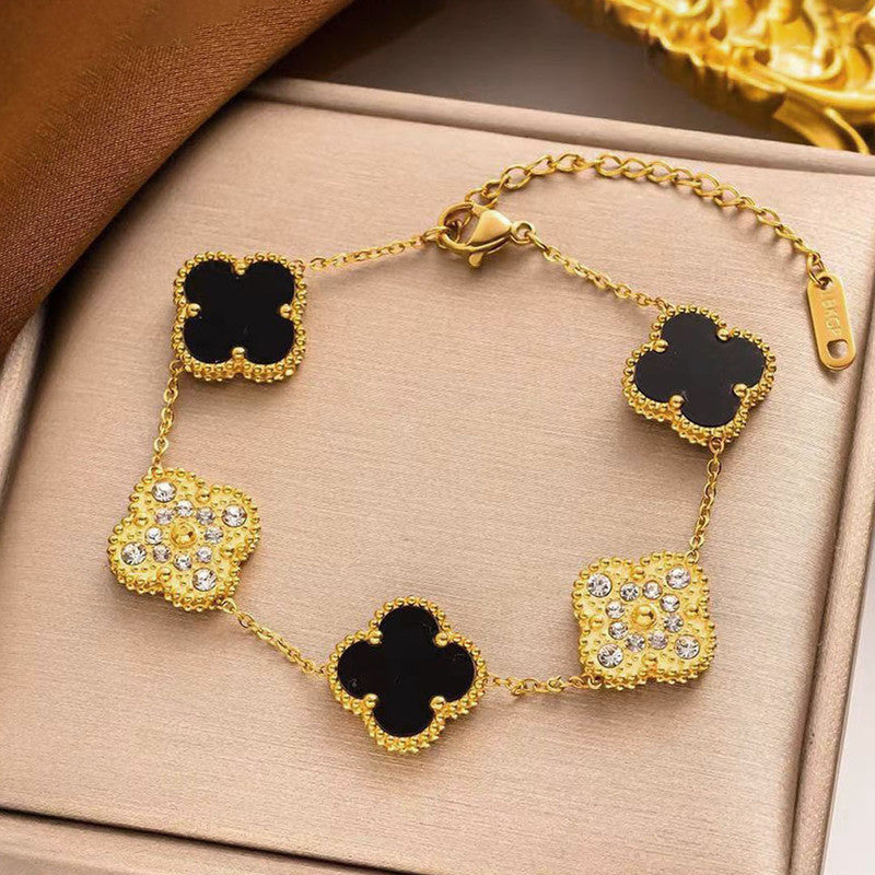 Designs & You Stainless Steel Gold-Plated Multicolor AD studded Clover Link Bracelet For Women