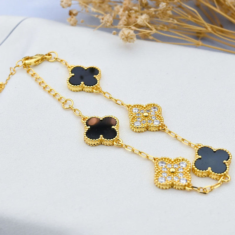 Designs & You Stainless Steel Gold-Plated Multicolor AD studded Clover Link Bracelet For Women