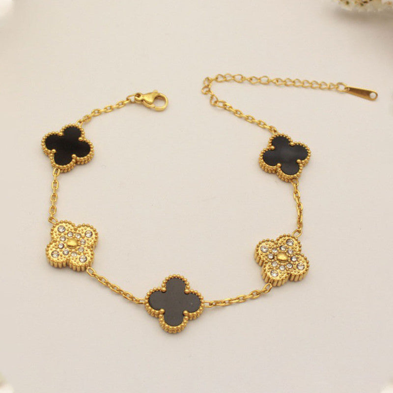 Designs & You Stainless Steel Gold-Plated Multicolor AD studded Clover Link Bracelet For Women