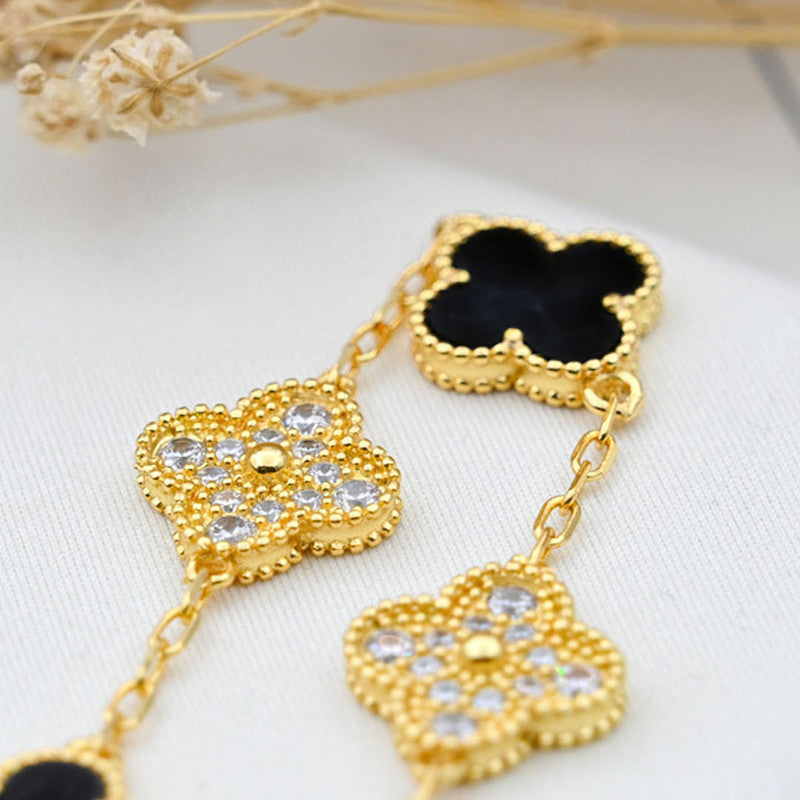 Designs & You Stainless Steel Gold-Plated Multicolor AD studded Clover Link Bracelet For Women