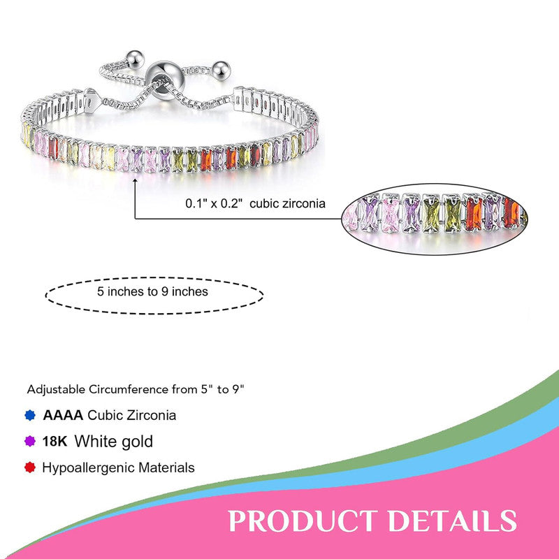Designs & You Silver Plated Rectangular Cut CZ Multicolor Matrix Anti Tarnish Tennis Bracelet