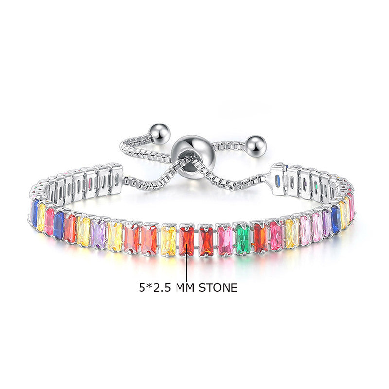 Designs & You Silver Plated Rectangular Cut CZ Multicolor Matrix Anti Tarnish Tennis Bracelet
