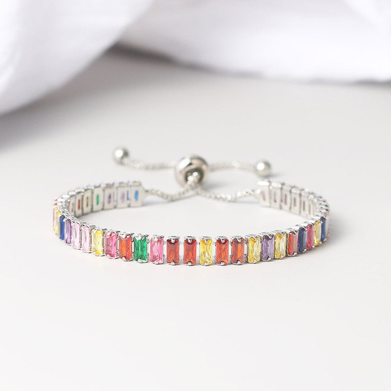 Designs & You Silver Plated Rectangular Cut CZ Multicolor Matrix Anti Tarnish Tennis Bracelet