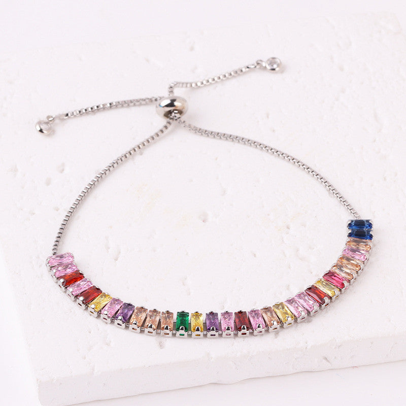 Designs & You Silver Plated Rectangular Cut CZ Multicolor Matrix Anti Tarnish Tennis Bracelet