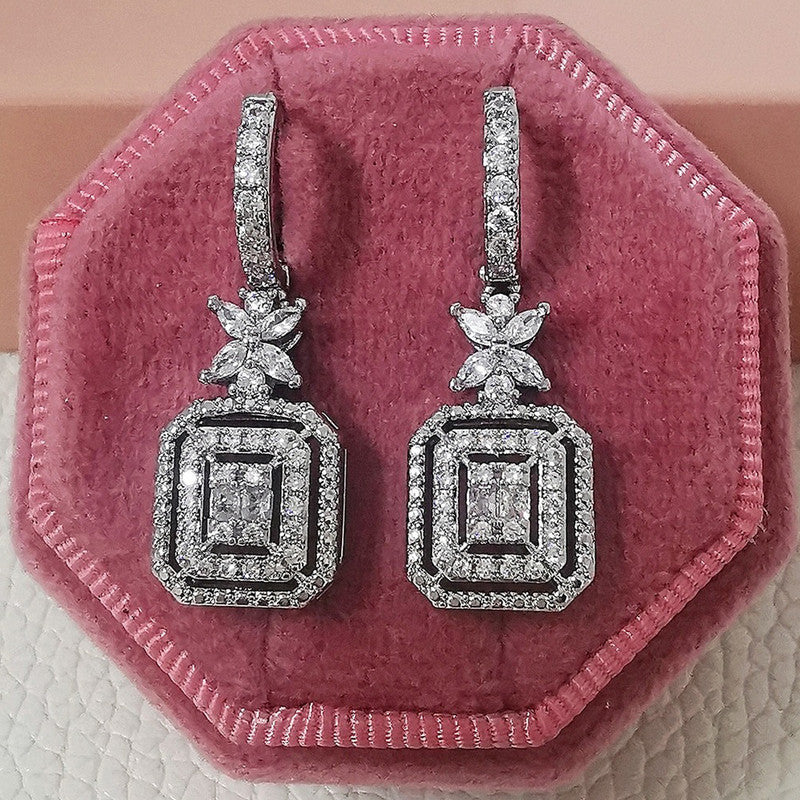 Silver Plated American Diamond Studded Iconic Luxury Geometric Drop Earrings