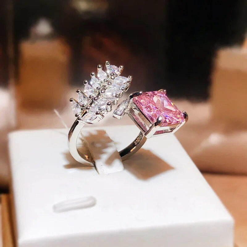 Designs & You Pink Silver Plated Cubic Zirconia Studded Adjustable Ring