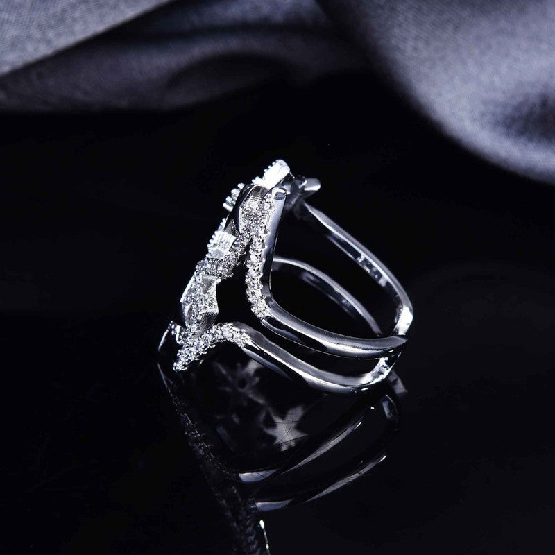 Designs & You White Silver Plated American Diamond Studded Adjustable Ring