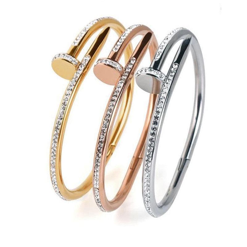 Gold, Rose Gold and Silver Plated Stainless Steel Anti Tarnish AD Studded Nail Bracelet Combo of 3