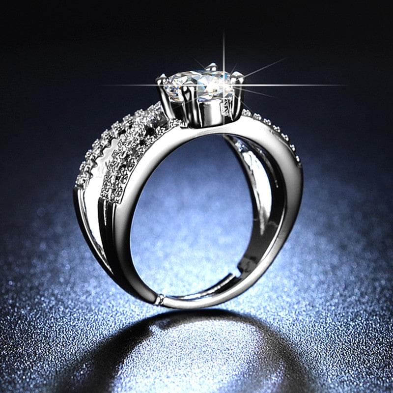 Silver Plated American Diamond Studded Cross Design Solitaire Adjustable Finger Ring