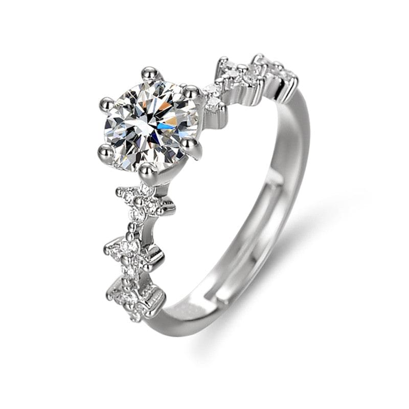 Silver Plated American Diamond Studded Floral Anti Tarnish Adjustable Solitaire Finger Ring