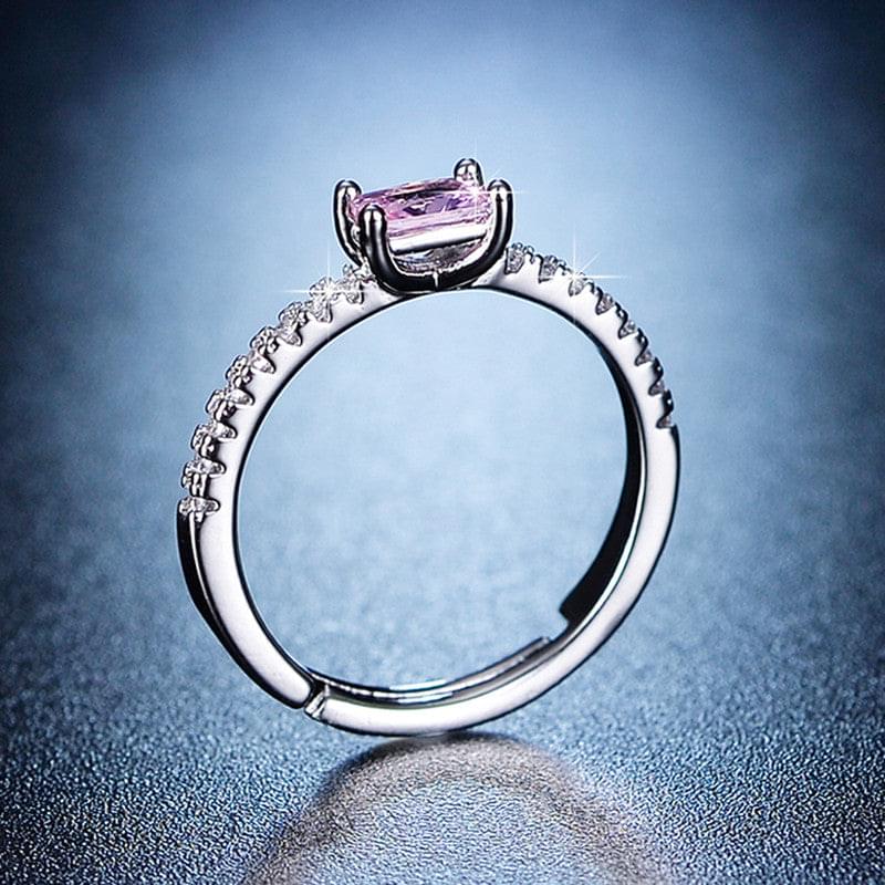 Silver Plated American Diamond Studded Rectangular Pink Stone Adjustable Finger Ring