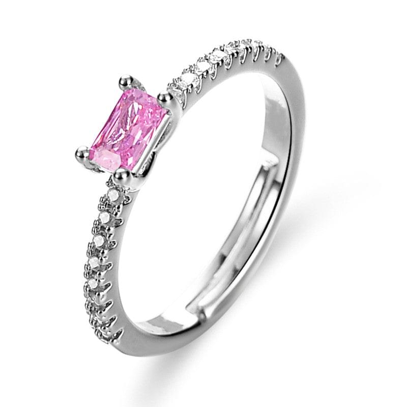 Silver Plated American Diamond Studded Rectangular Pink Stone Adjustable Finger Ring