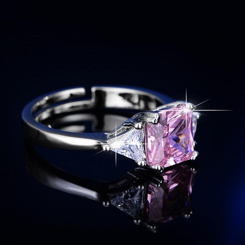 Silver Plated American Diamond Studded Rectangular Pink Stone Adjustable Finger Ring