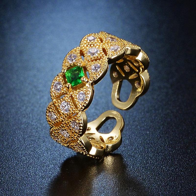 Gold Plated Crystal Studded Contemporary Green Stone Adjustable Finger Ring