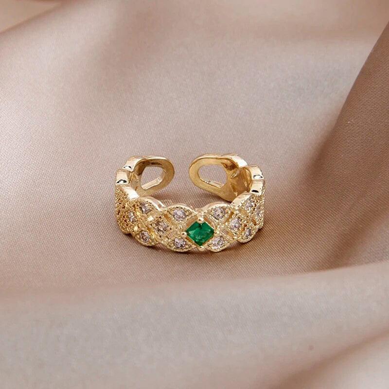 Gold Plated Crystal Studded Contemporary Green Stone Adjustable Finger Ring