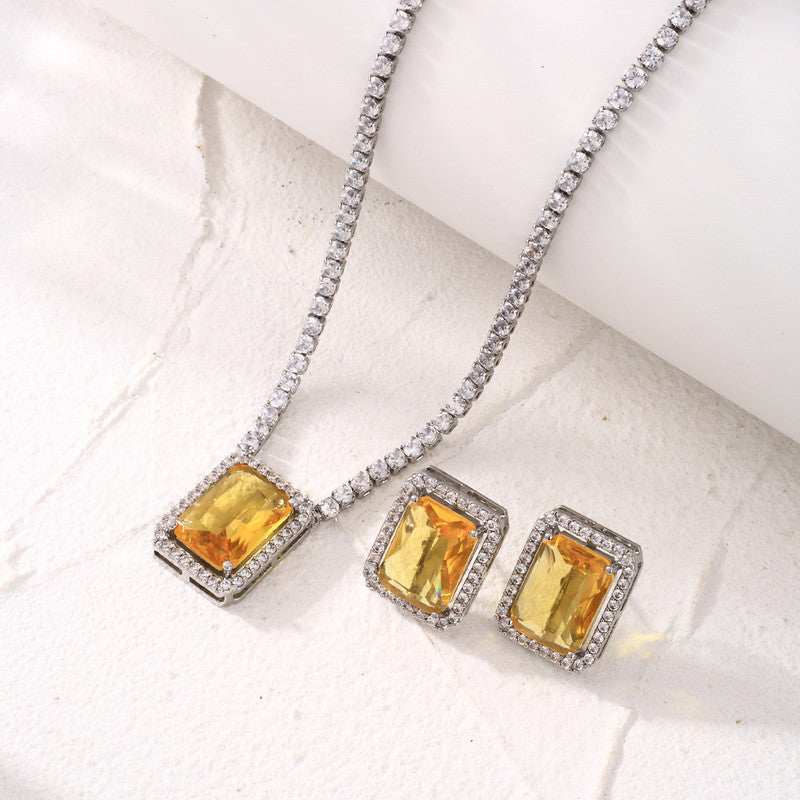 Silver Plated Yellow Crystal Studded Rectangular Colorful AD Necklace Set