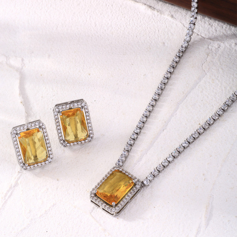 Silver Plated Yellow Crystal Studded Rectangular Colorful AD Necklace Set