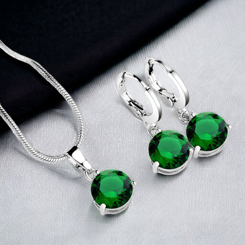 Silver Plated Green CZ Stone-Studded Colorful Pendant Set
