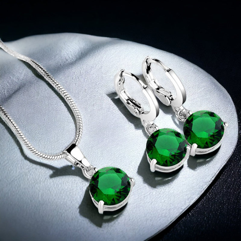 Silver Plated Green CZ Stone-Studded Colorful Pendant Set