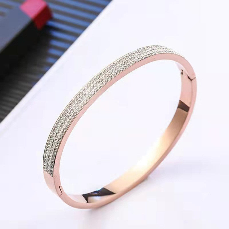 Stainless Steel Triple Lines American Diamond Studded Contemporary Bracelet