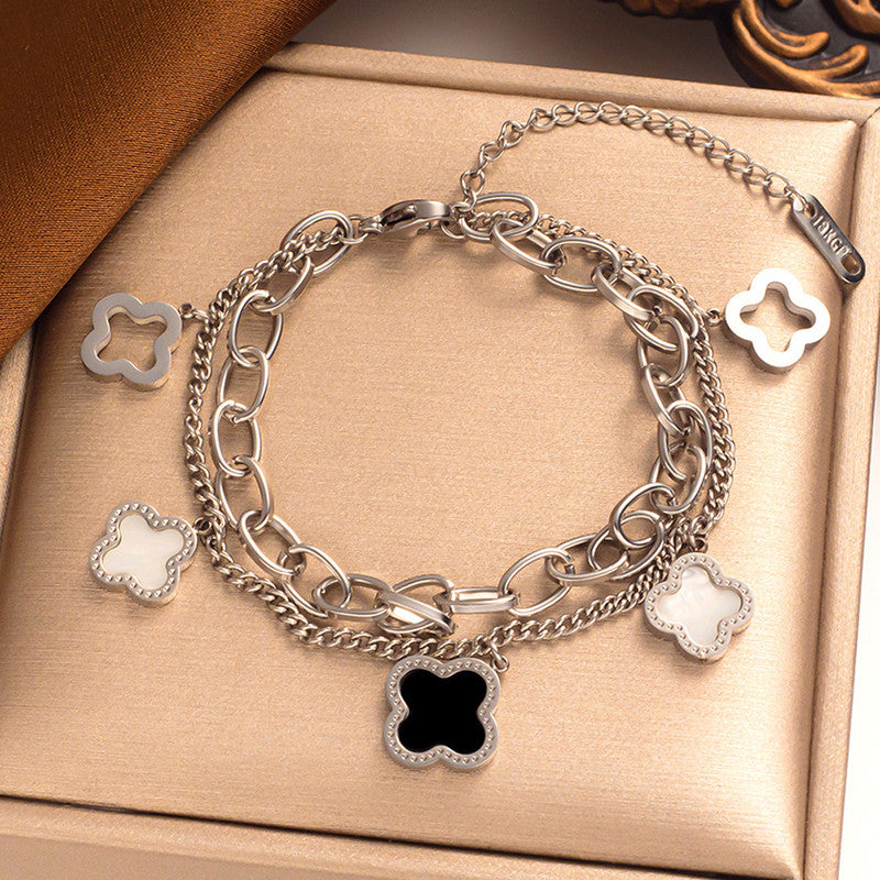 Stainless Steel Mother Of Pearls Clover inspired Irish Design Wraparound Bracelet