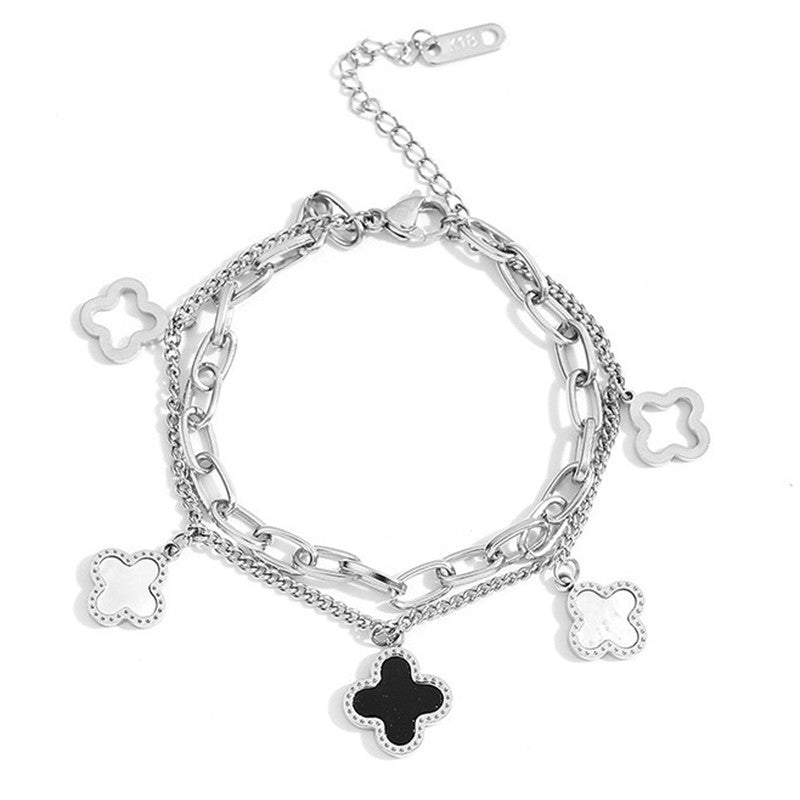 Stainless Steel Mother Of Pearls Clover inspired Irish Design Wraparound Bracelet