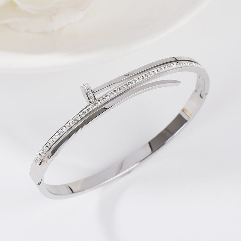 Stainless Steel American Diamond Studded Nail inspired Bracelet