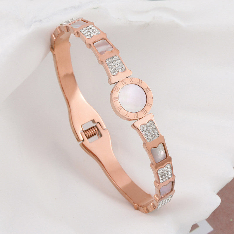 Stainless Steel Mother Of Pearl Roman Numerals AD Studded Bracelet