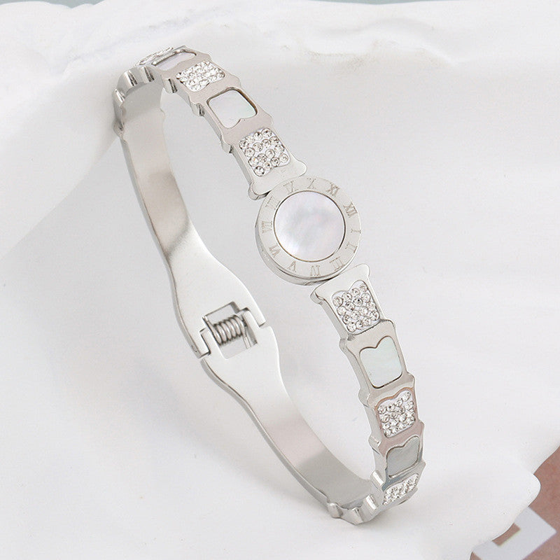 Stainless Steel Mother Of Pearl Roman Numerals AD Studded Bracelet