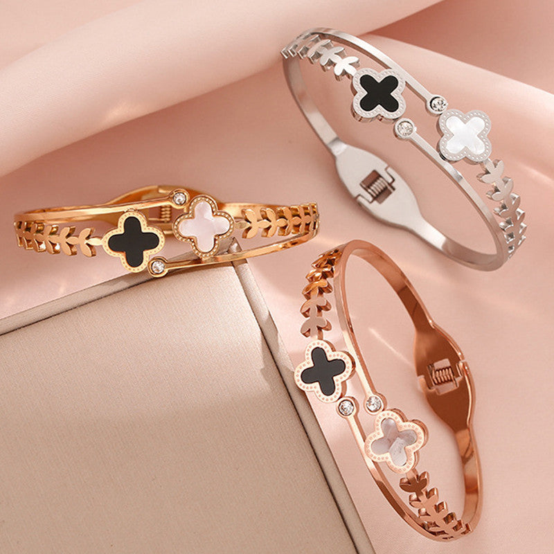 Stainless Steel Gold, Rose Gold and Silver Mother Of Pearls Two Clover Leaf Irish Design Bracelet