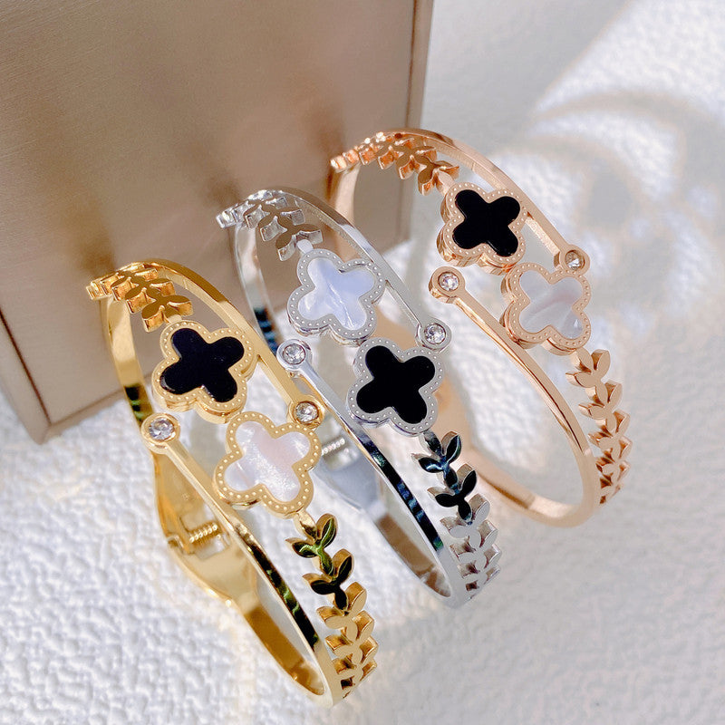 Stainless Steel Gold, Rose Gold and Silver Mother Of Pearls Two Clover Leaf Irish Design Bracelet