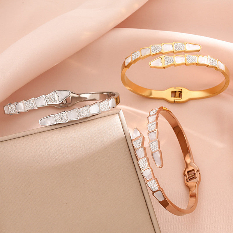 Stainless Steel Gold, Rose Gold and Silver Mother Of Pearl Snake Styled AD Studded Bracelet