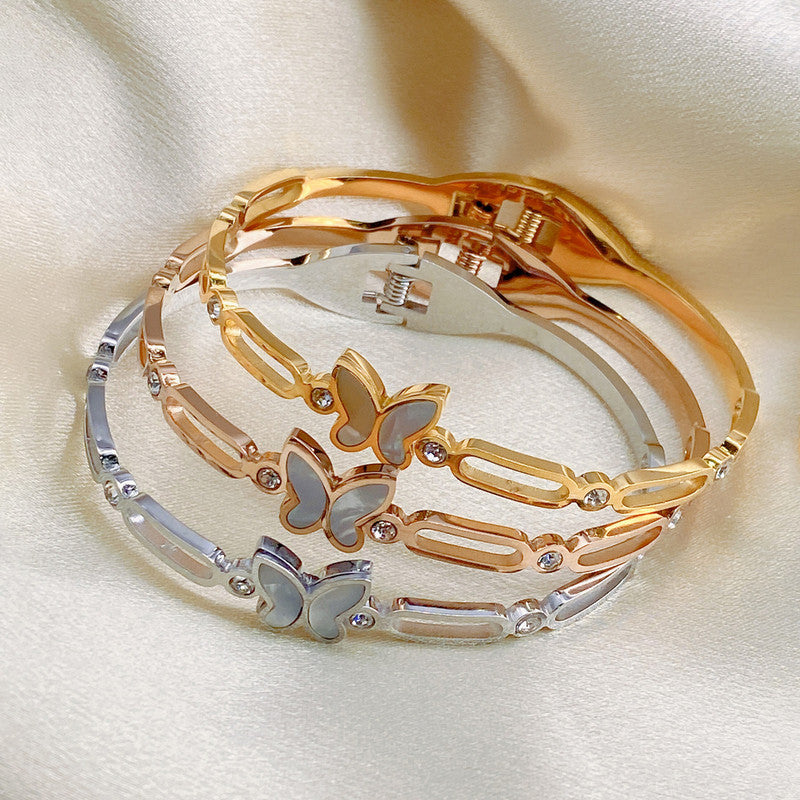 Stainless Steel Gold, Rose Gold and Silver Butterfly inspired Mother Of Pearls Contemporary Bracelet