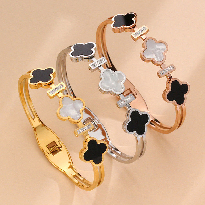 Stainless Steel Gold, Rose Gold and Silver Mother Of Pearls Three Clover Leaf Irish Design Bracelet