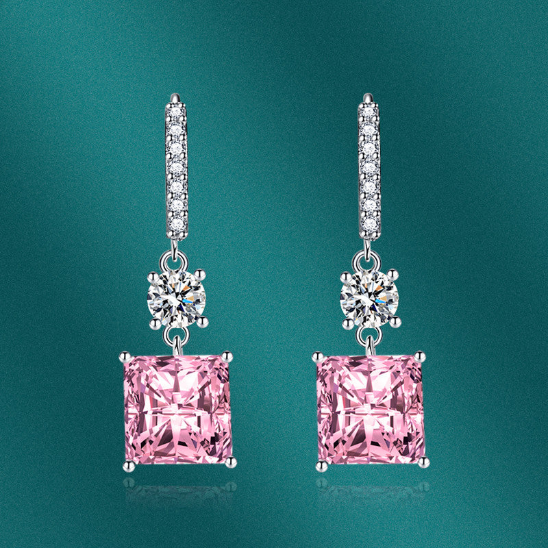 Crushed Ice Cut Cubic Zirconia Silver Plated Square Drop Earrings