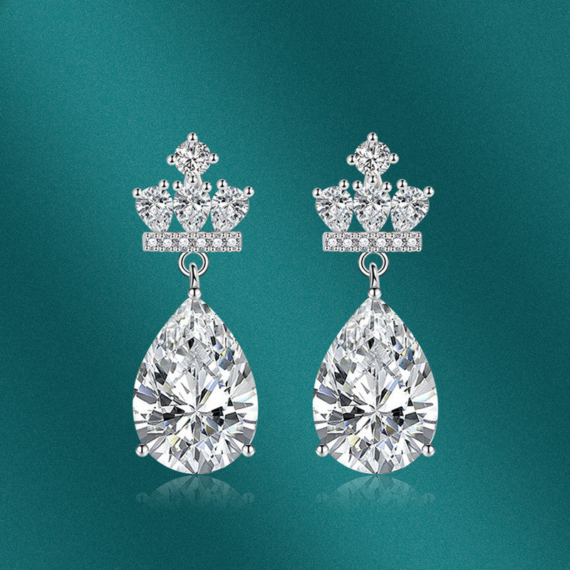 Crushed Ice Cut Cubic Zirconia Silver Plated Crown Shaped Drop Earrings