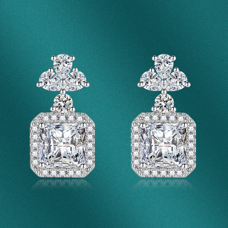 Crushed Ice Cut Cubic Zirconia Silver Plated Square Drop Earrings