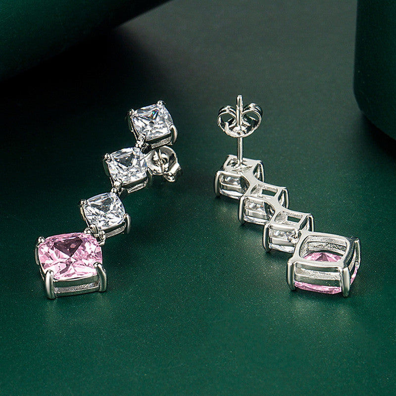 Crushed Ice Cut Cubic Zirconia Silver Plated Square Drop Earrings