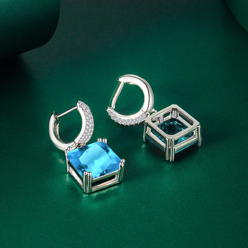 Crushed Ice Cut Cubic Zirconia Silver Plated Square Drop Earrings