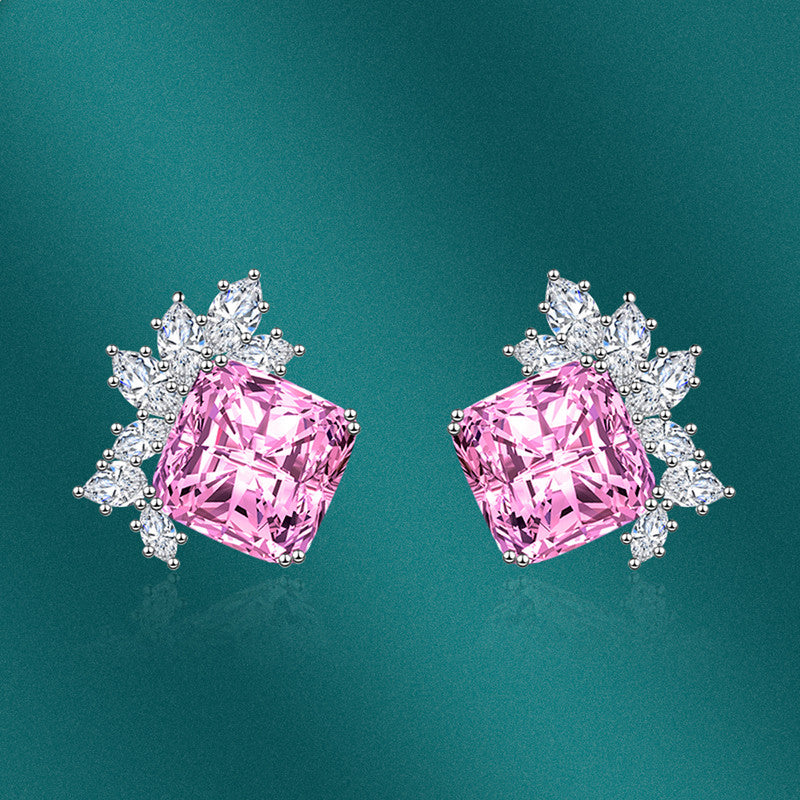 Crushed Ice Cut Cubic Zirconia Silver Plated Square Stud Earrings