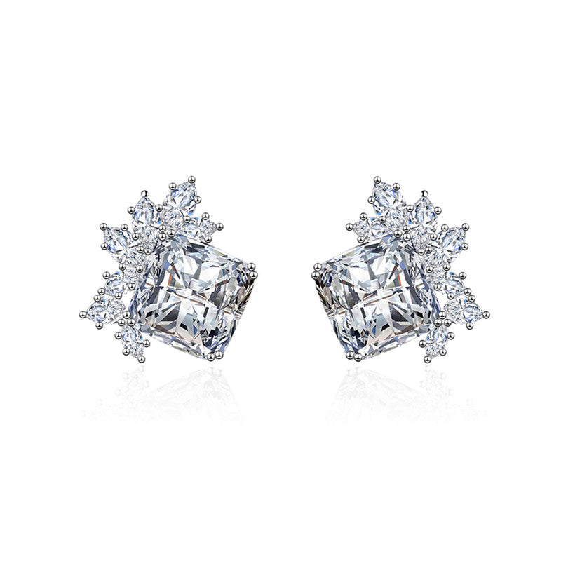 Crushed Ice Cut Cubic Zirconia Silver Plated Square Stud Earrings