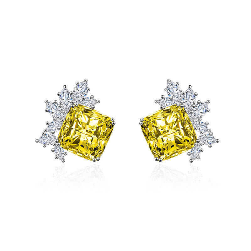 Crushed Ice Cut Cubic Zirconia Silver Plated Square Stud Earrings