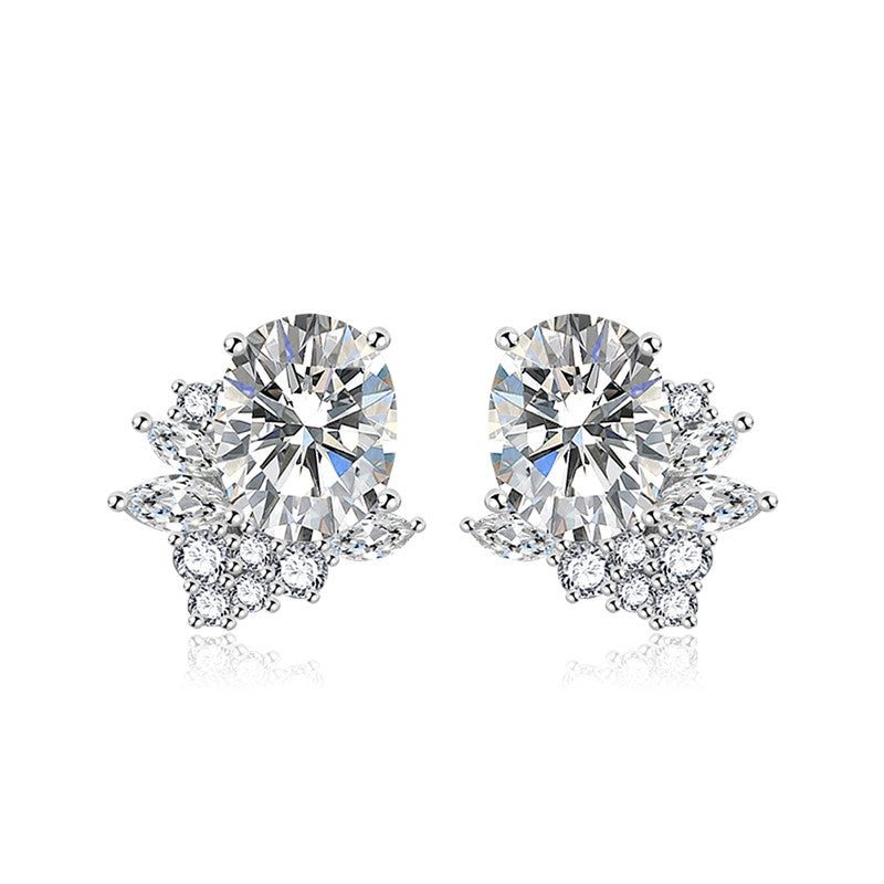 Crushed Ice Cut Cubic Zirconia Silver Plated Oval Stud Earrings