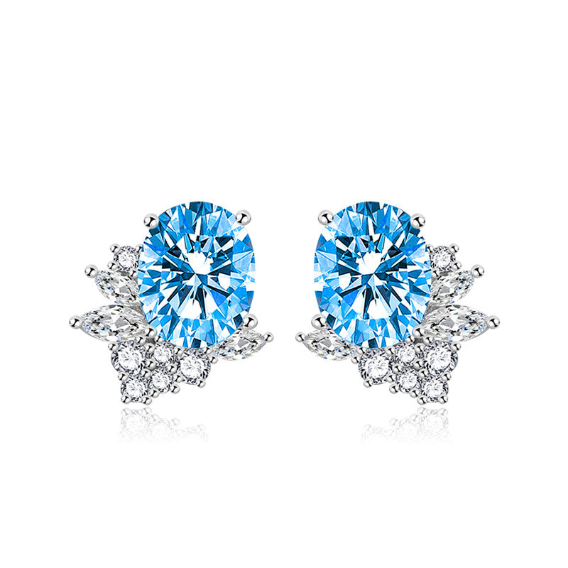 Crushed Ice Cut Cubic Zirconia Silver Plated Oval Stud Earrings