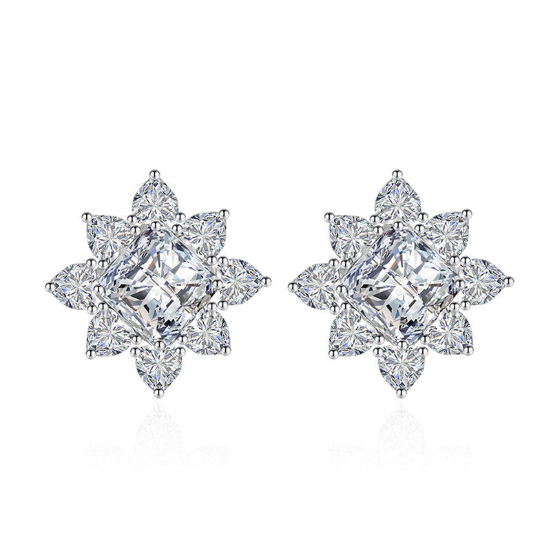 Crushed Ice Cut Cubic Zirconia Silver Plated Square Stud Earrings