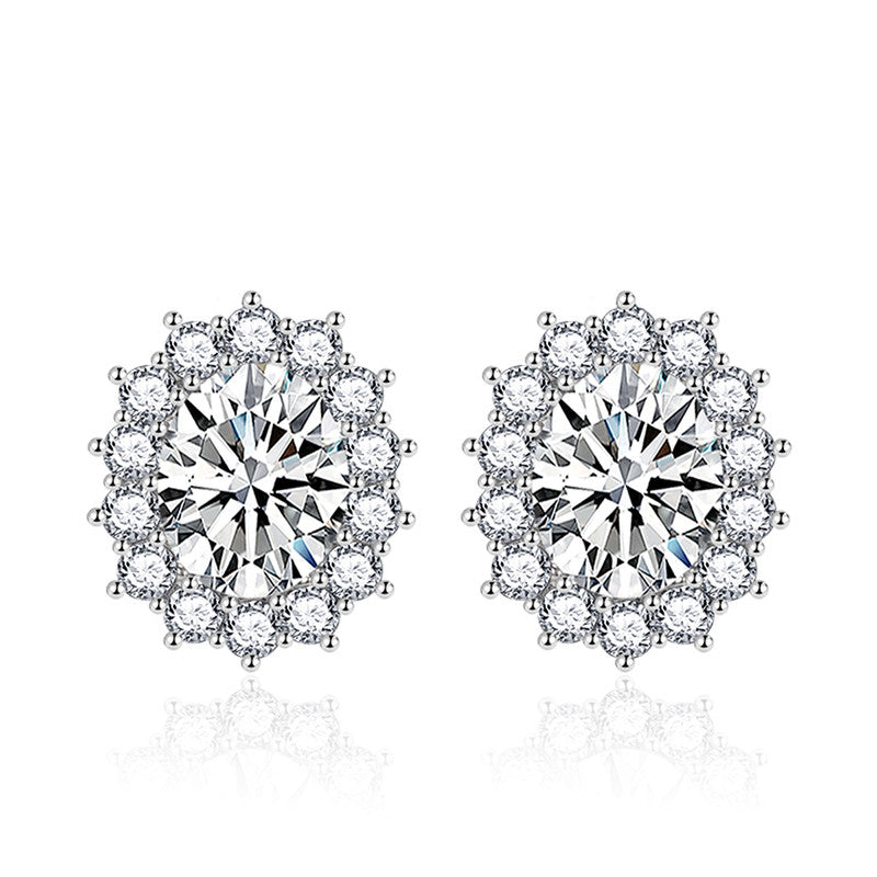 Crushed Ice Cut Cubic Zirconia Silver Plated Oval Stud Earrings