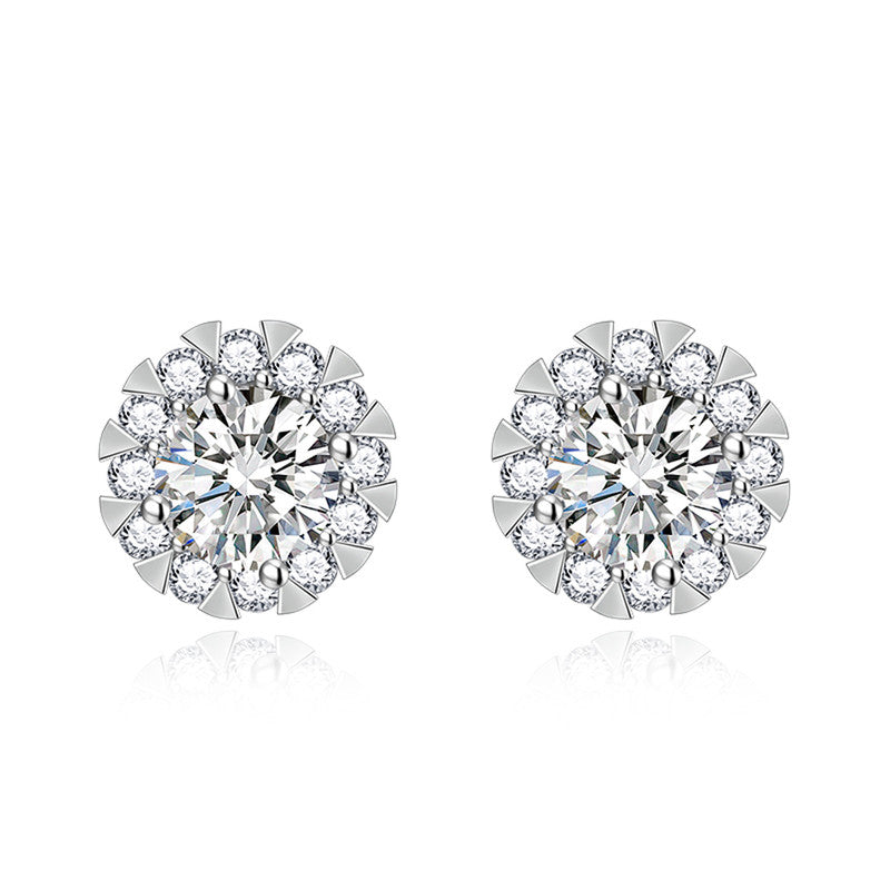 Crushed Ice Cut Cubic Zirconia Silver Plated Round Stud Earrings