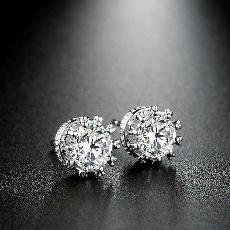 Silver Plated American Diamond Crushed Ice Cut Round Shape Stud Earrings